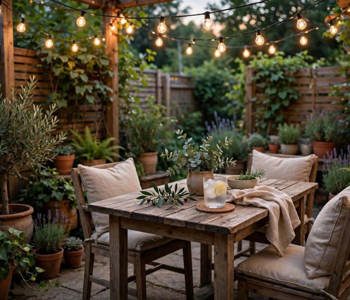Terrasse le soir sous les guirlandes